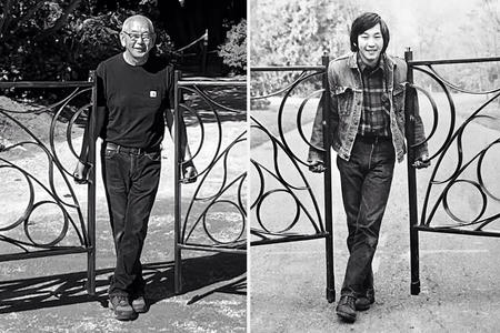 side by side black and white photos of a man standing between gates as an older man and a young man