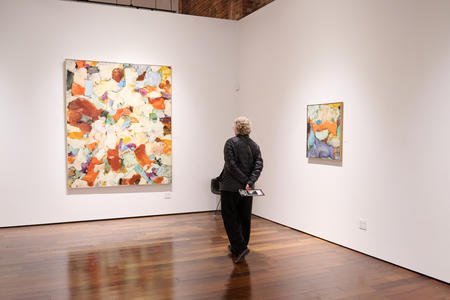 A person looking at a painting in a gallery