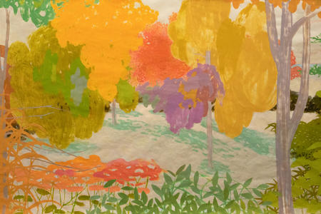 Abstract, globby pastels form a landscape of brush, leaves and overlapping trees