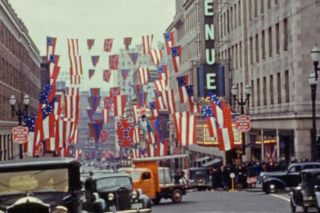 Street scene with flags