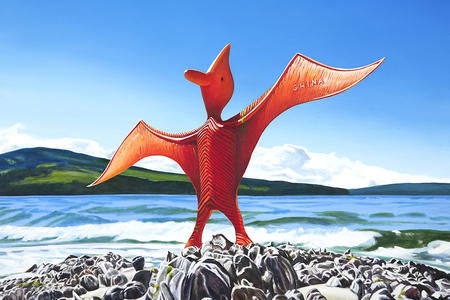 painting of a coastal scene with a plastic orange pterodactyl toy standing on the beach