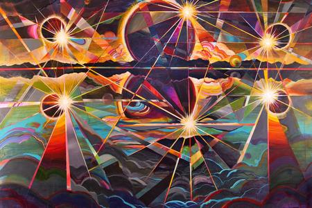 a futuristic painting with three purple suns and bright stars and an a distant mountain range