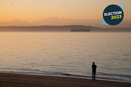 A lone silhouette on the beach watches a ship pass through puget sound at dusk