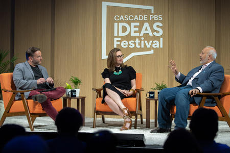 David Greene, Sarah Isgur and Mo Elleithee sit on stage at the Cascade PBS Ideas Festival