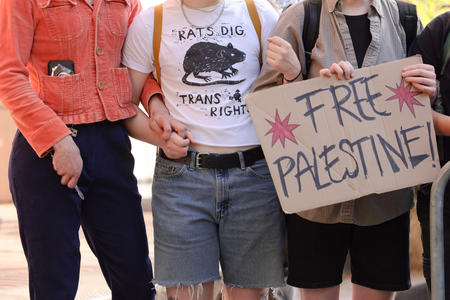 Pro-Palestinian protesters link arms and hold a “Free Palestine” sign